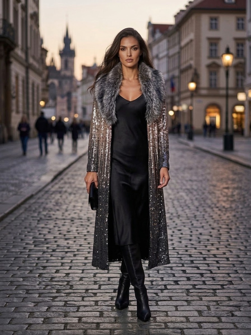 Fabulous Furs Champagne and Black Sequin Trench Coat with Faux Fur Collar
